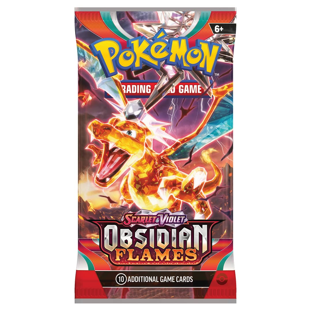 An image of a Pokemon Obsidian Flames booster pack featuring Charizard in his Terastalized form.