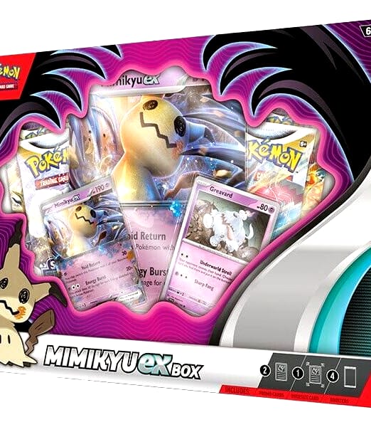 The mysterious Pokemon Mimikyu takes center stage in this collectible box complete with four Pokemon booster packs and three promotional cards.