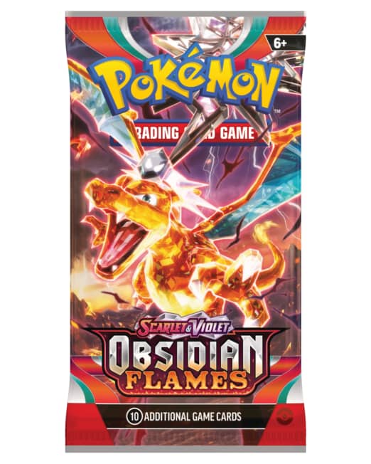 An image of a Pokemon Obsidian Flames booster pack featuring Charizard in his Terastalized form.
